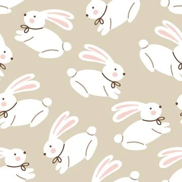 Seamless Easter pattern with white bunnies on a beige background. イラスト素材