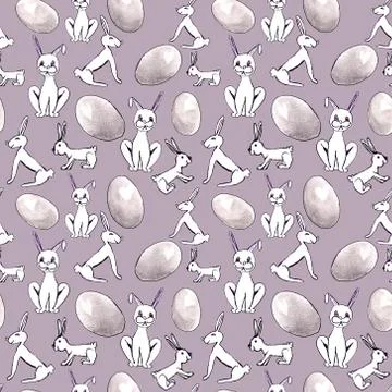Seamless easter pattern white rabbits and eggs on a lilac background イラスト素材