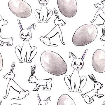 Seamless easter pattern of white rabbits in naive style and easter eggs 스톡 일러스트