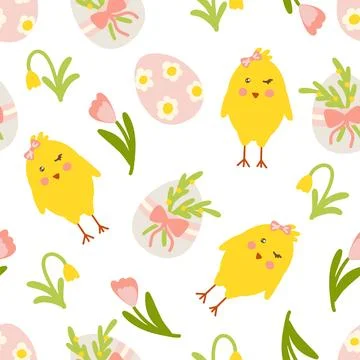 Seamless Easter pattern with yellow chicks, decorated eggs, and spring flowers 스톡 일러스트