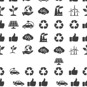 Seamless eco-friendly icon pattern featuring recycling symbols, solar panel.. Stock Illustration