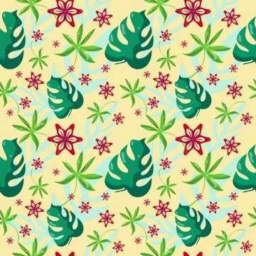 Seamless editable pattern, FLORAL tropical design, hand drawn leaves, yellow Stock Illustration