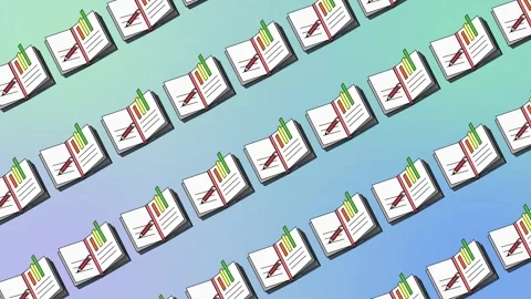 Seamless education pattern with open books, bar charts, and pencil icons Stock Footage 328565464