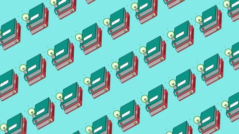 Seamless education pattern with stacks of books and lightbulb ideas icons on a b Stock Footage 328565461