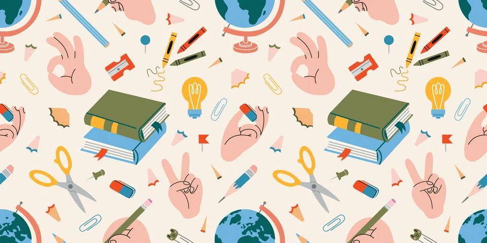 Seamless education themed pattern with school supplies, hand gestures, book.. Stock Illustration
