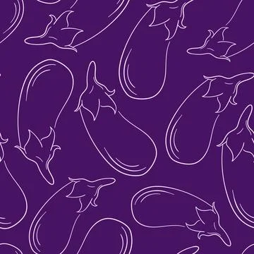 Seamless eggplant pattern in line art style with a deep purple background Stock Illustration