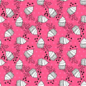 Seamless elegant seamless pattern with hand drawn cupcakes with hearts Stock Illustration