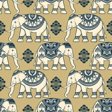Seamless Elephant Pattern Design with Indian Motif Design Stock Illustration