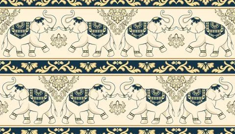 Seamless Elephant Pattern with Indian and Damask Motifs Stock Illustration