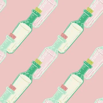 Seamless elixir pattern with white and green bottles. Pink pastel background Stock Illustration