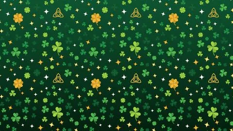 Seamless emerald pattern of shamrocks, gold four leaf clovers, Celtic knots.. Stock Illustration