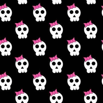 Seamless Emo Pattern. Cute skull with bow. Y2k style. Black and pink. 2000s Stock Illustration