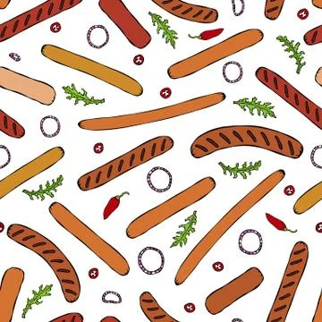 Seamless Endless Background Pattern of Different Sausages, Onion Rings, Rocke Stock Illustration