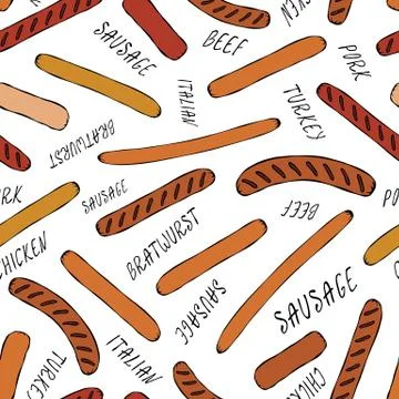 Seamless Endless Background Pattern of Different Sausages and Lettering. Food Stock Illustration