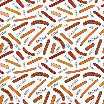 Seamless Endless Background Pattern of Different Sausages and Lettering. Food Stock Illustration