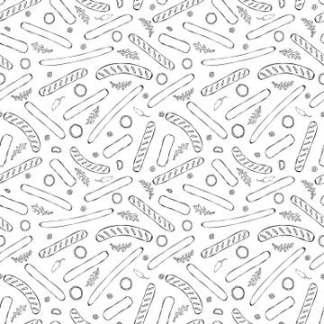 Seamless Endless Background Pattern of Different Sausages, Onion Rings, Rocke Stock Illustration