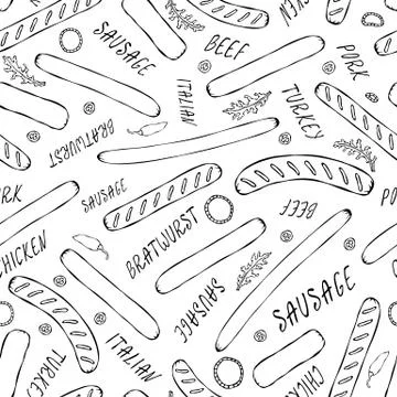 Seamless Endless Background Pattern of Different Sausages, Onion Rings, Rocke Stock Illustration