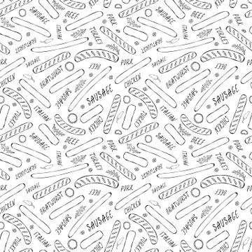 Seamless Endless Background Pattern of Different Sausages, Onion Rings, Rocke Stock Illustration