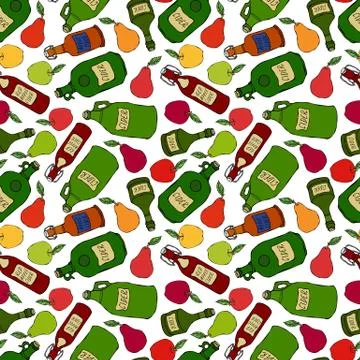 Seamless Endless Pattern of Apple, Pear, Cider in Different Glass Vintage Bot Stock Illustration