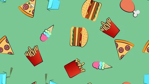 Seamless endless pattern of assorted delicious hearty hot fries, gpizza, ice  Stock Illustration