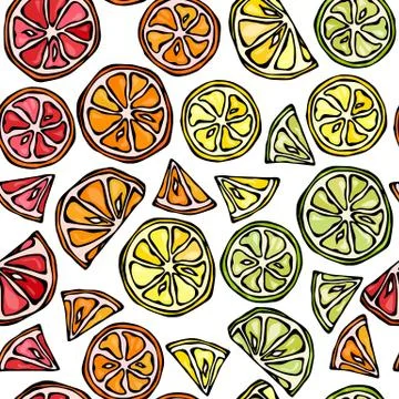 Seamless Endless Pattern of Citrus. Lemon, Lime, Orange, Grapefruite. Hand Dr Stock Illustration