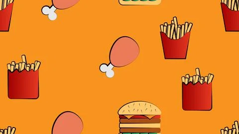 Seamless endless pattern of different delicious hearty hot fries, hamburgers, Stock Illustration