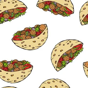 Seamless Endless Pattern with Falafel Pita or Meatball Salad in Pocket Bread. Illustrazione stock
