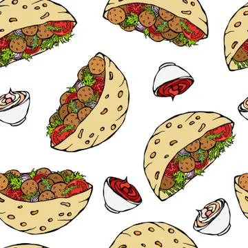 Seamless Endless Pattern with Falafel Pita or Meatball Salad in Pocket Bread. Stock Illustration