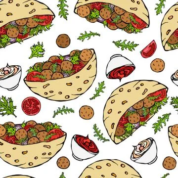 Seamless Endless Pattern with Falafel Pita or Meatball Salad in Pocket Bread. Stock Illustration