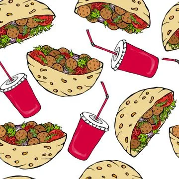 Seamless Endless Pattern with Falafel Pita or Meatball Salad in Pocket Bread  Stock Illustration
