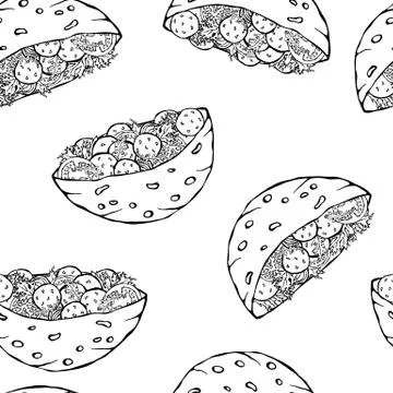 Seamless Endless Pattern with Falafel Pita or Meatball Salad in Pocket Bread. Stock Illustration