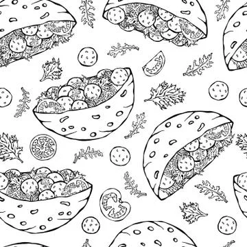 Seamless Endless Pattern with Falafel Pita or Meatball Salad in Pocket Bread. Stock Illustration