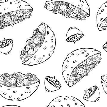 Seamless Endless Pattern with Falafel Pita or Meatball Salad in Pocket Bread. Illustrazione stock