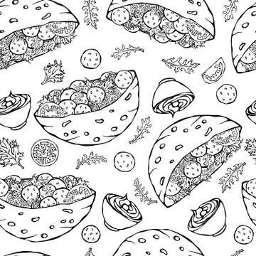 Seamless Endless Pattern with Falafel Pita or Meatball Salad in Pocket Bread. Stockillustratie
