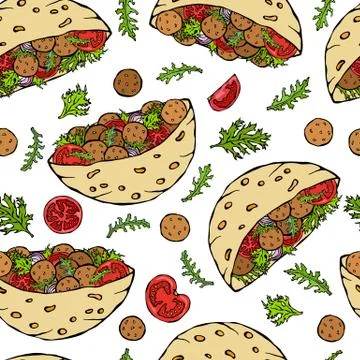 Seamless Endless Pattern with Falafel Pita or Meatball Salad in Pocket Bread. Stock Illustration