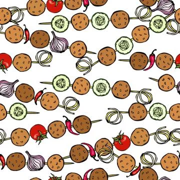 Seamless Endless Pattern Falafel, Vegetables Tomato, Chilli Pepper, Onion, Zu Stock Illustration