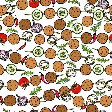 Seamless Endless Pattern Falafel, Vegetables Tomato, Chilli Pepper, Onion, Zu Stock Illustration
