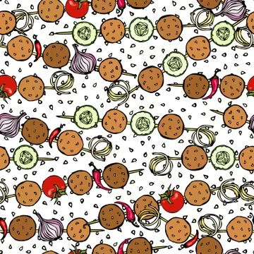 Seamless Endless Pattern Falafel, Vegetables Tomato, Chilli Pepper, Onion, Zu Stock Illustration
