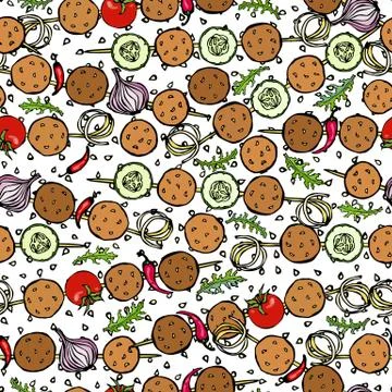 Seamless Endless Pattern Falafel, Vegetables Tomato, Chilli Pepper, Onion, Zu Stock Illustration