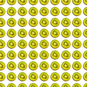 Seamless endless pattern of juicy green slices of kiwi fruit isolated on white Stock Photos
