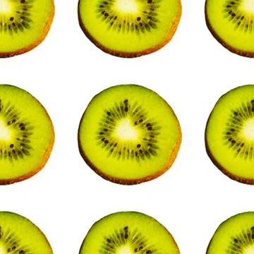 Seamless endless pattern of juicy green slices of kiwi fruit isolated on white Stock Photos