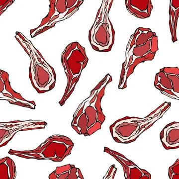 Seamless Endless Pattern with Lamb Ribs or Rack of Lamb. Meat Guide for Butch Stock Illustration