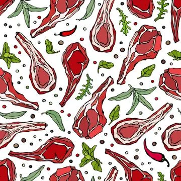 Seamless Endless Pattern with Lamb Ribs or Rack of Lamb, Savory, Marjoram, Ar Stock Illustration