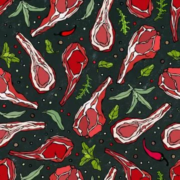 Seamless Endless Pattern with Lamb Ribs or Rack of Lamb, Savory, Marjoram, Ar Stock Illustration