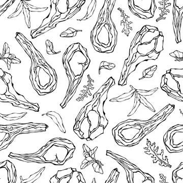 Seamless Endless Pattern with Lamb Ribs or Rack of Lamb, Savory, Marjoram, Ar Stock Illustration