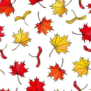 Seamless Endless Pattern of Maple Leaves and Seeds Red,, Orange and Yellow. R Stock Illustration
