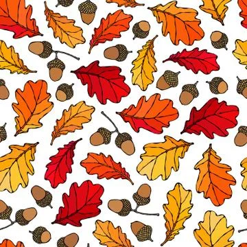 Seamless Endless Pattern of Oak Leaves and Acorns. Red, Orange and Yellow. Au Stock Illustration