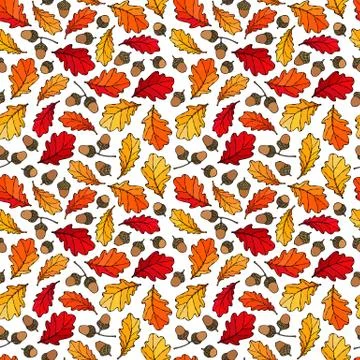 Seamless Endless Pattern of Oak Leaves and Acorns. Red, Orange and Yellow. Au Stock Illustration