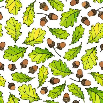 Seamless Endless Pattern of Oak Leaves and Acorns. Green and Yellow. Autumn o Stock Illustration