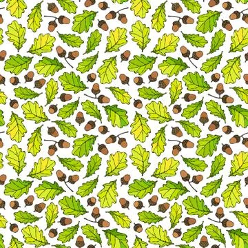 Seamless Endless Pattern of Oak Leaves and Acorns. Green and Yellow. Autumn o Illustrazione stock
